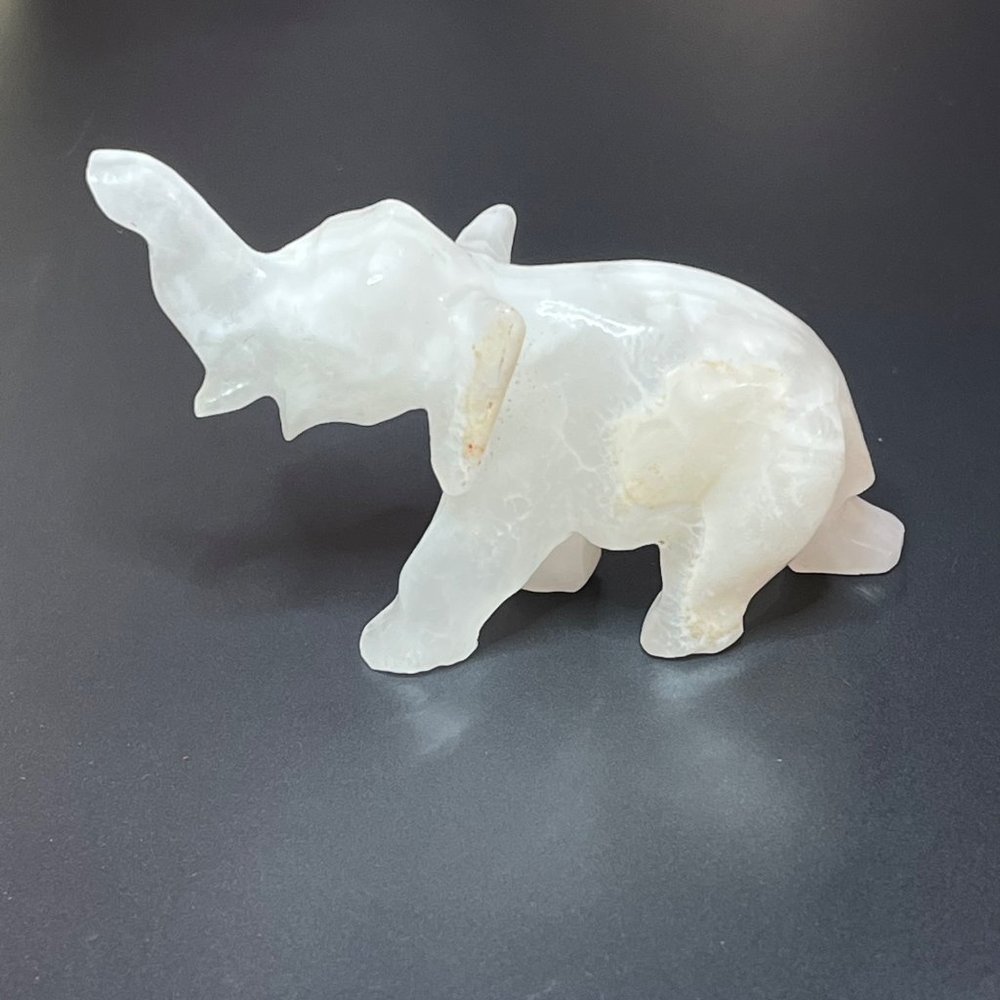 Vintage White Quartz Carved Elephant Figurine Trunk Up